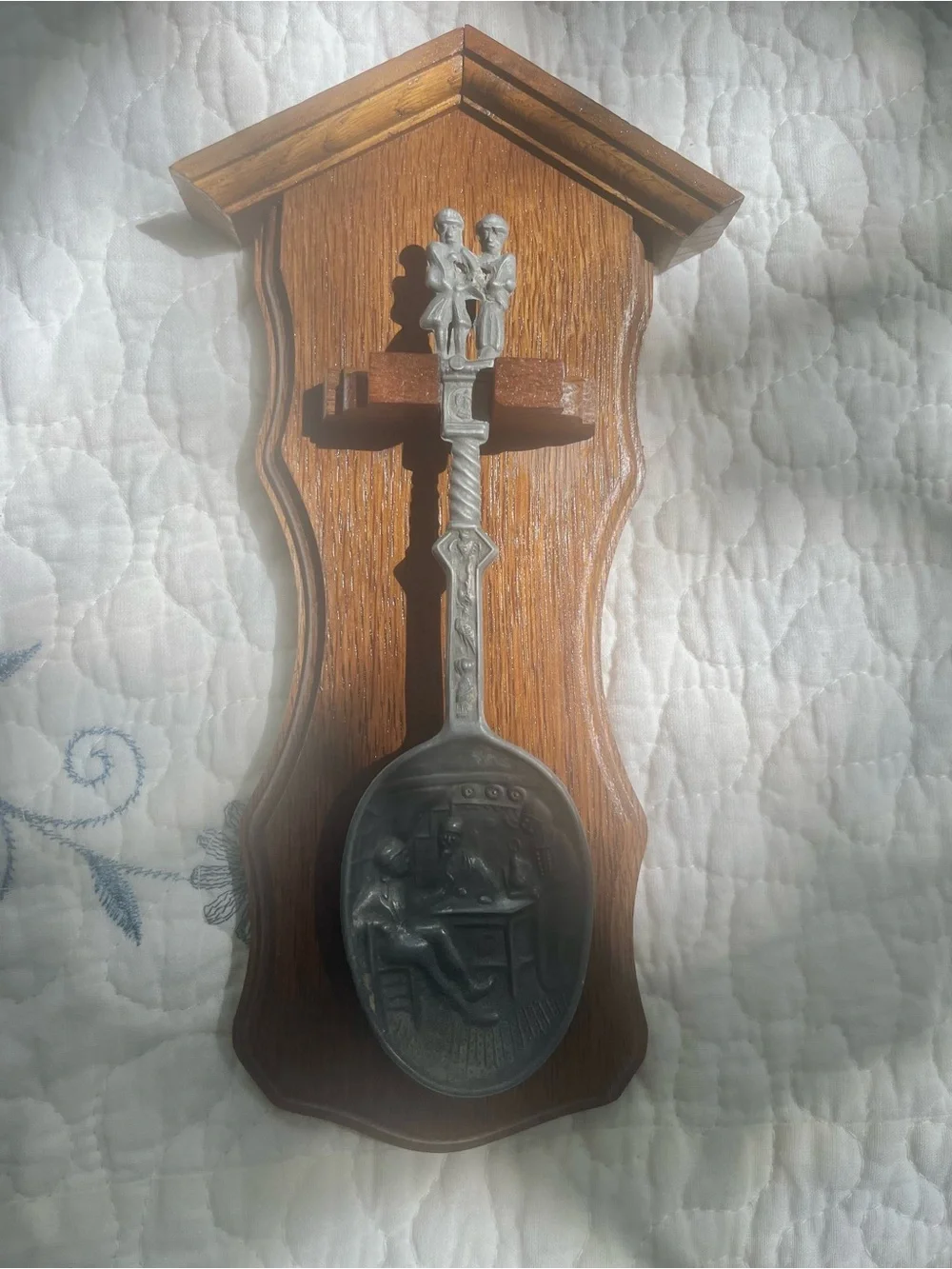 VINTAGE German Pewter Spoon mounted on Wooden Display